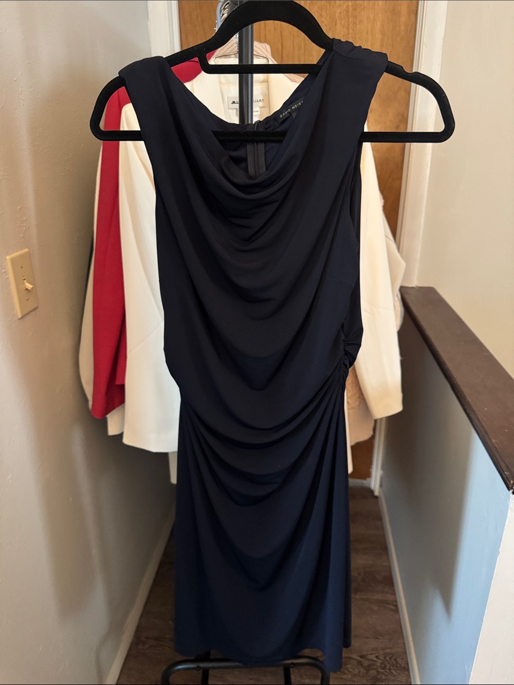 David Meister Navy Cowl-Neck Draped Midi Dress